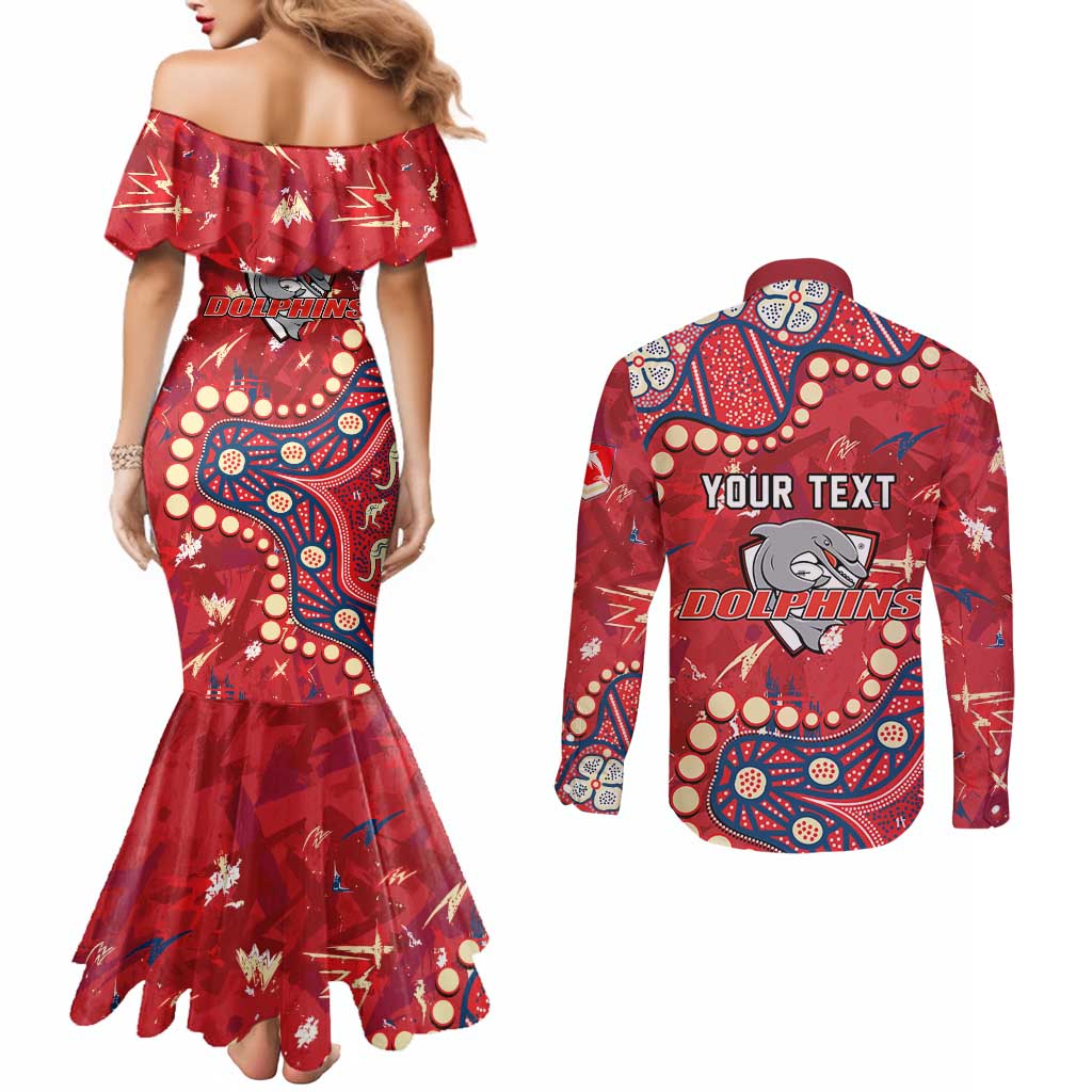 Personalized Dolphins Rugby Couples Matching Mermaid Dress and Long Sleeve Button Shirt Aboriginal Pattern with Graffiti Style Design