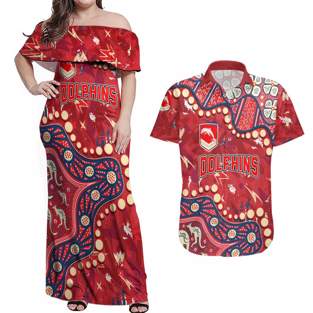 Personalized Dolphins Rugby Couples Matching Off Shoulder Maxi Dress and Hawaiian Shirt Aboriginal Pattern with Graffiti Style Design