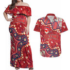 Personalized Dolphins Rugby Couples Matching Off Shoulder Maxi Dress and Hawaiian Shirt Aboriginal Pattern with Graffiti Style Design