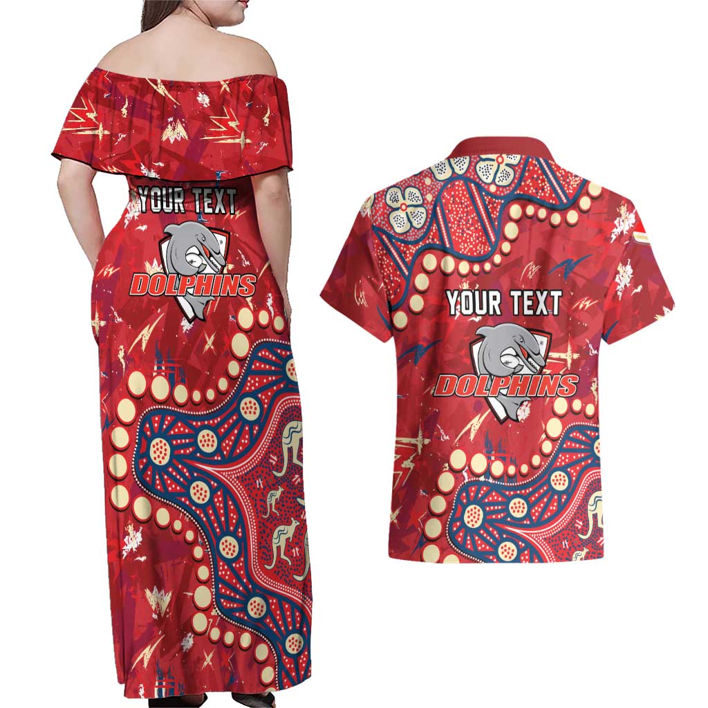 Personalized Dolphins Rugby Couples Matching Off Shoulder Maxi Dress and Hawaiian Shirt Aboriginal Pattern with Graffiti Style Design