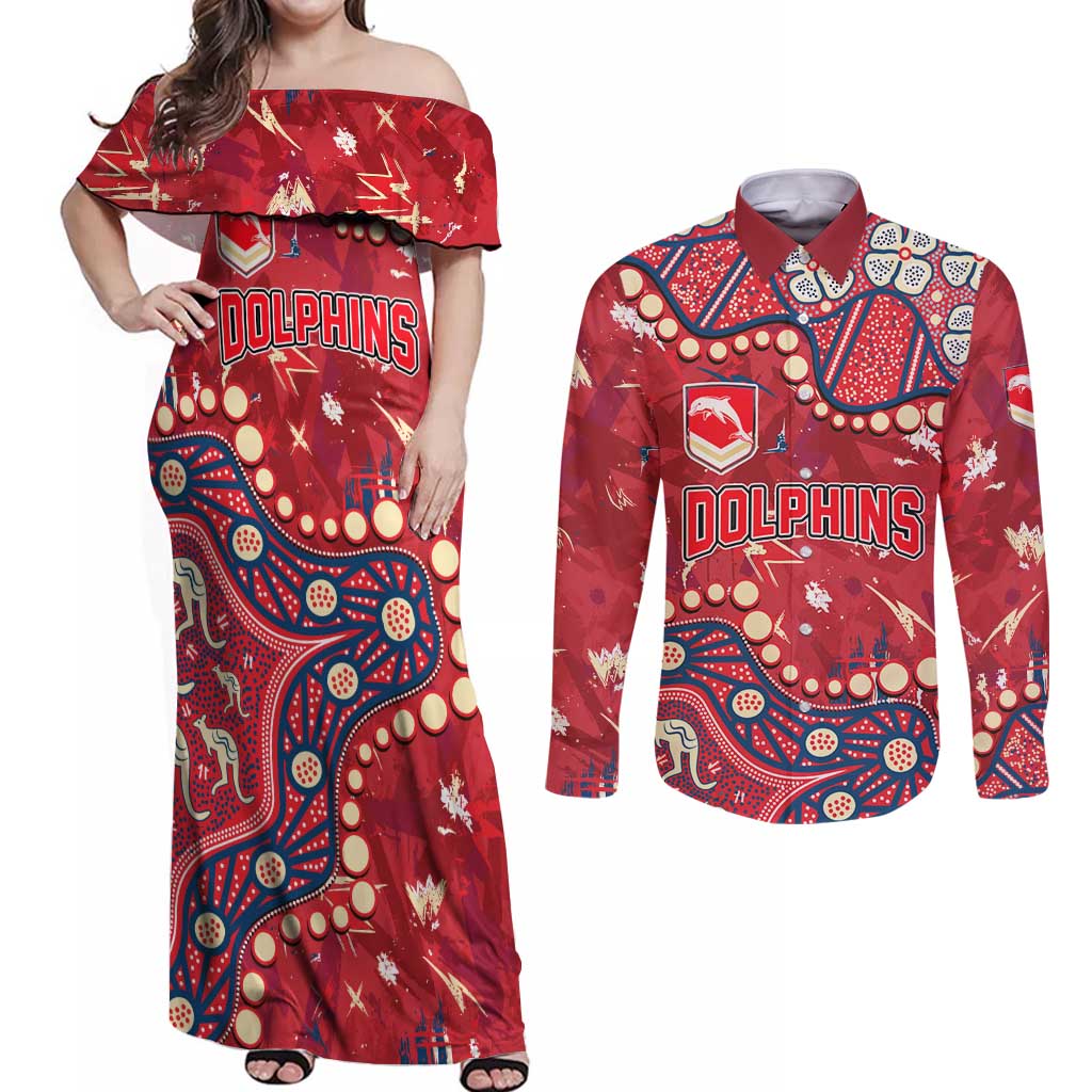 Personalized Dolphins Rugby Couples Matching Off Shoulder Maxi Dress and Long Sleeve Button Shirt Aboriginal Pattern with Graffiti Style Design