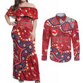 Personalized Dolphins Rugby Couples Matching Off Shoulder Maxi Dress and Long Sleeve Button Shirt Aboriginal Pattern with Graffiti Style Design