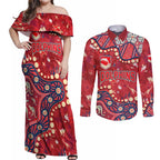 Personalized Dolphins Rugby Couples Matching Off Shoulder Maxi Dress and Long Sleeve Button Shirt Aboriginal Pattern with Graffiti Style Design