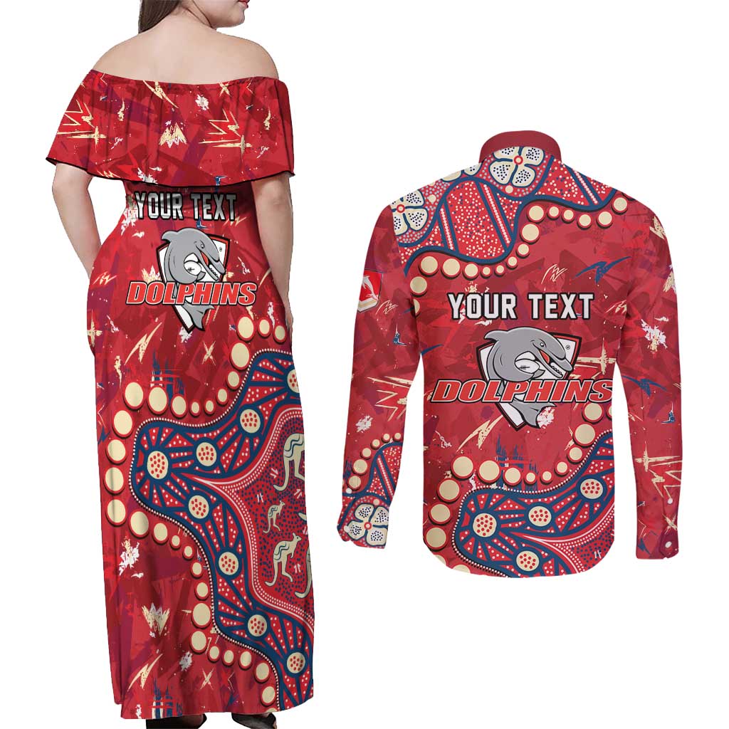 Personalized Dolphins Rugby Couples Matching Off Shoulder Maxi Dress and Long Sleeve Button Shirt Aboriginal Pattern with Graffiti Style Design