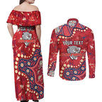 Personalized Dolphins Rugby Couples Matching Off Shoulder Maxi Dress and Long Sleeve Button Shirt Aboriginal Pattern with Graffiti Style Design