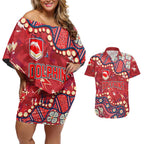 Personalized Dolphins Rugby Couples Matching Off Shoulder Short Dress and Hawaiian Shirt Aboriginal Pattern with Graffiti Style Design