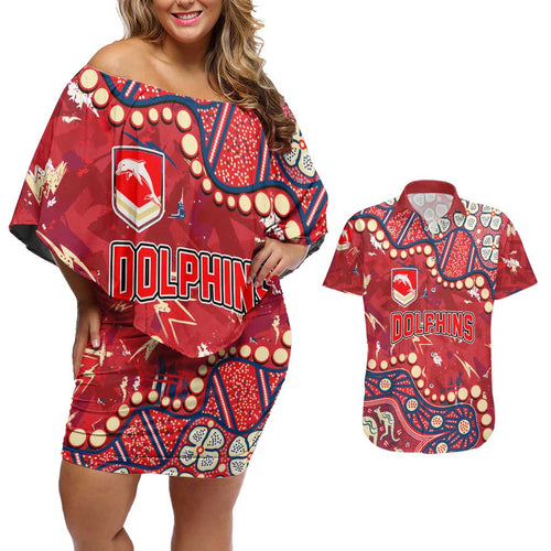 Personalized Dolphins Rugby Couples Matching Off Shoulder Short Dress and Hawaiian Shirt Aboriginal Pattern with Graffiti Style Design
