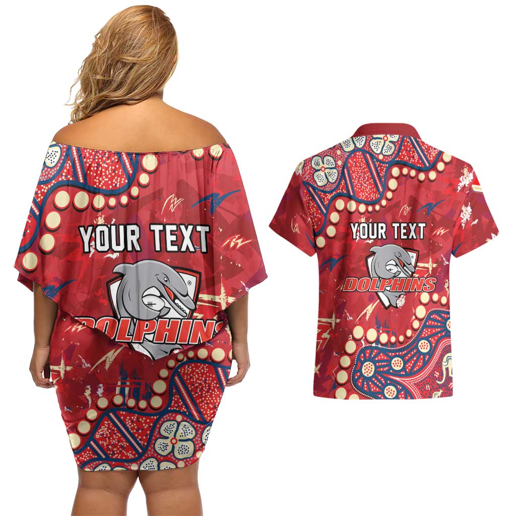 Personalized Dolphins Rugby Couples Matching Off Shoulder Short Dress and Hawaiian Shirt Aboriginal Pattern with Graffiti Style Design