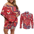 Personalized Dolphins Rugby Couples Matching Off Shoulder Short Dress and Long Sleeve Button Shirt Aboriginal Pattern with Graffiti Style Design