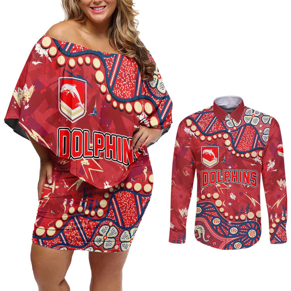 Personalized Dolphins Rugby Couples Matching Off Shoulder Short Dress and Long Sleeve Button Shirt Aboriginal Pattern with Graffiti Style Design