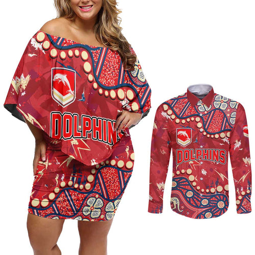 Personalized Dolphins Rugby Couples Matching Off Shoulder Short Dress and Long Sleeve Button Shirt Aboriginal Pattern with Graffiti Style Design