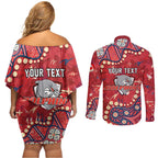 Personalized Dolphins Rugby Couples Matching Off Shoulder Short Dress and Long Sleeve Button Shirt Aboriginal Pattern with Graffiti Style Design
