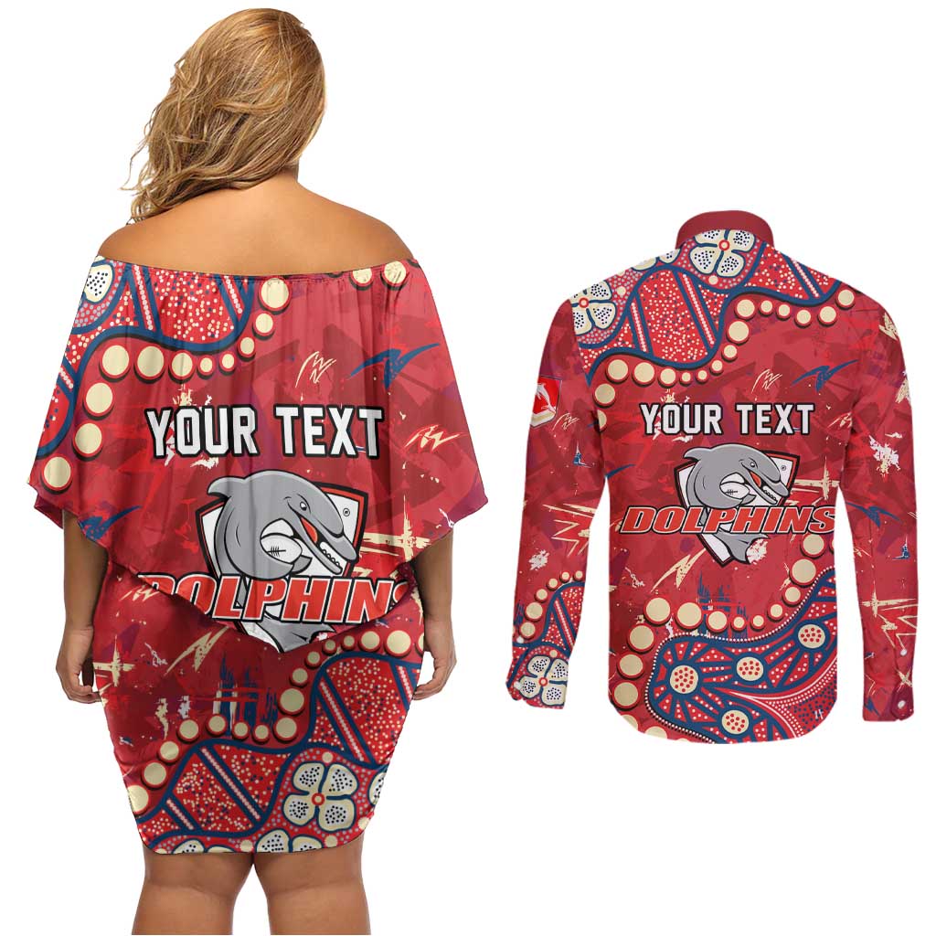 Personalized Dolphins Rugby Couples Matching Off Shoulder Short Dress and Long Sleeve Button Shirt Aboriginal Pattern with Graffiti Style Design