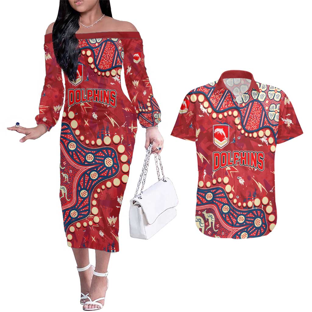 Personalized Dolphins Rugby Couples Matching Off The Shoulder Long Sleeve Dress and Hawaiian Shirt Aboriginal Pattern with Graffiti Style Design