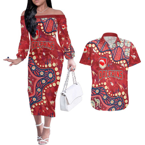 Personalized Dolphins Rugby Couples Matching Off The Shoulder Long Sleeve Dress and Hawaiian Shirt Aboriginal Pattern with Graffiti Style Design