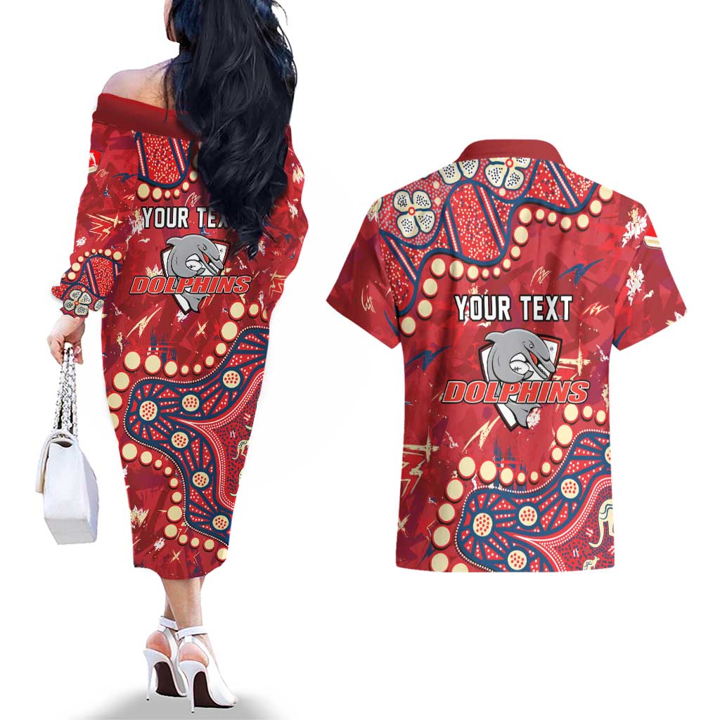 Personalized Dolphins Rugby Couples Matching Off The Shoulder Long Sleeve Dress and Hawaiian Shirt Aboriginal Pattern with Graffiti Style Design