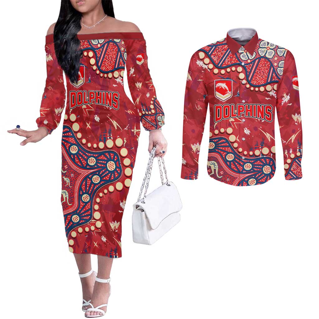 Personalized Dolphins Rugby Couples Matching Off The Shoulder Long Sleeve Dress and Long Sleeve Button Shirt Aboriginal Pattern with Graffiti Style Design