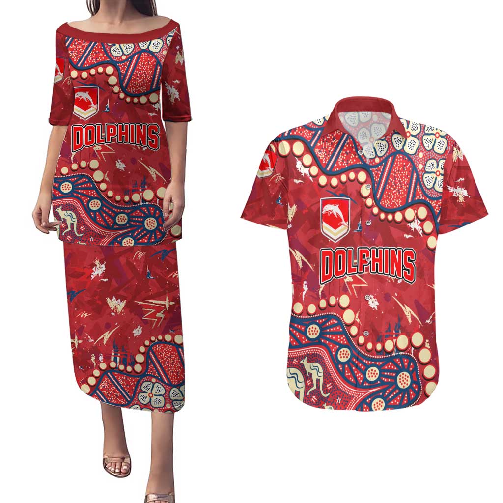 Personalized Dolphins Rugby Couples Matching Puletasi and Hawaiian Shirt Aboriginal Pattern with Graffiti Style Design