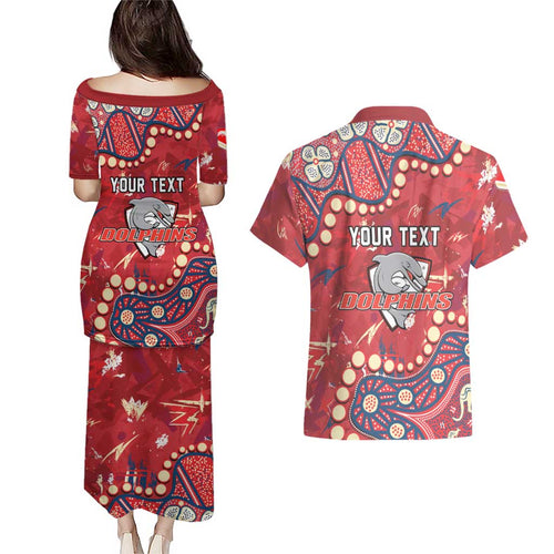 Personalized Dolphins Rugby Couples Matching Puletasi and Hawaiian Shirt Aboriginal Pattern with Graffiti Style Design