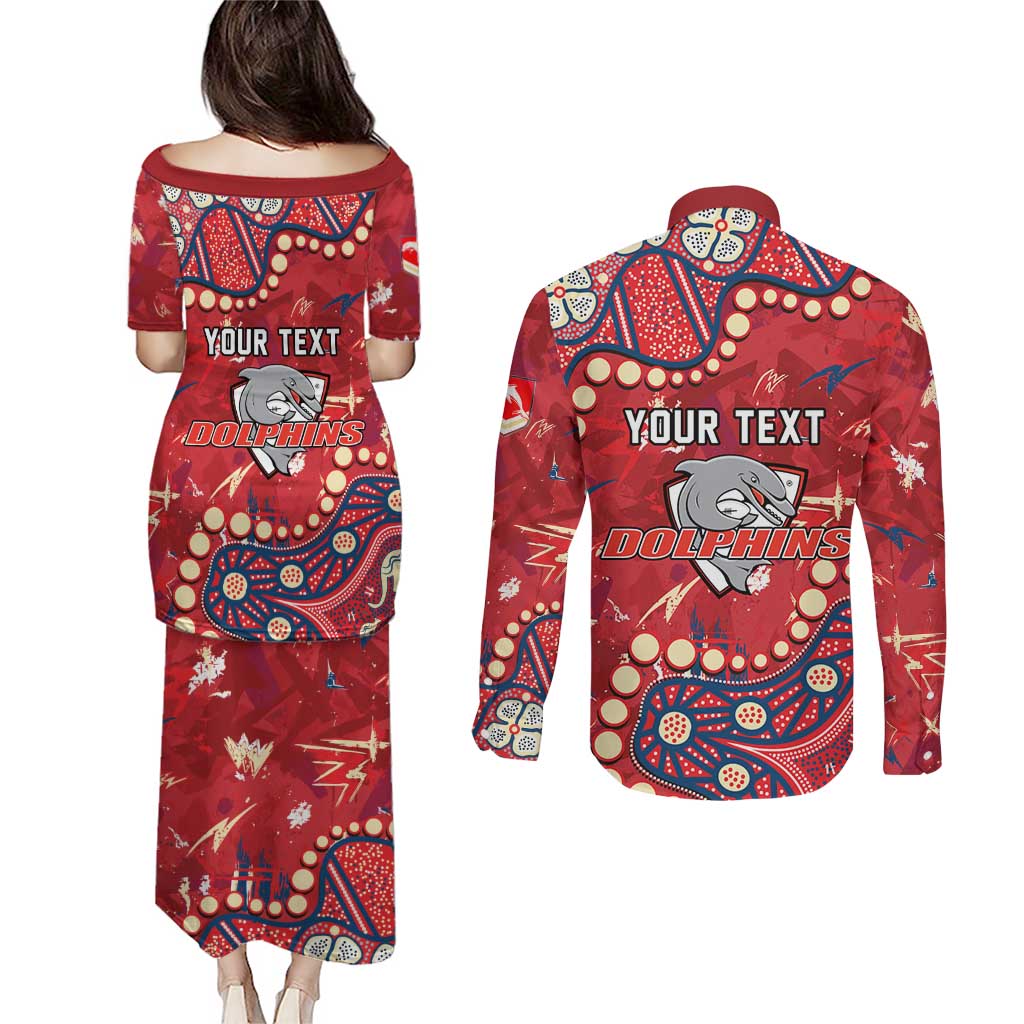 Personalized Dolphins Rugby Couples Matching Puletasi and Long Sleeve Button Shirt Aboriginal Pattern with Graffiti Style Design