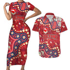 Personalized Dolphins Rugby Couples Matching Short Sleeve Bodycon Dress and Hawaiian Shirt Aboriginal Pattern with Graffiti Style Design