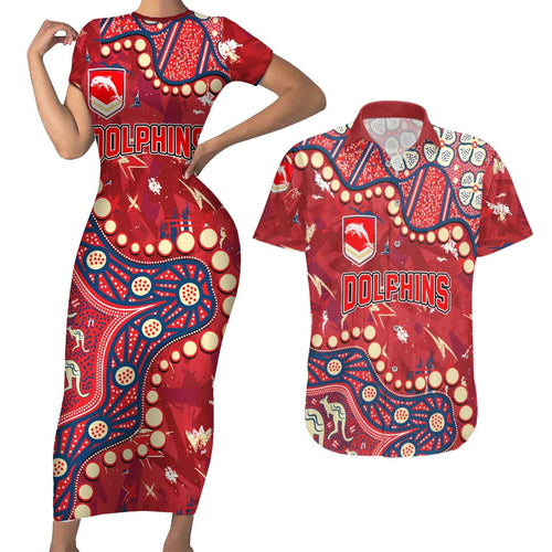 Personalized Dolphins Rugby Couples Matching Short Sleeve Bodycon Dress and Hawaiian Shirt Aboriginal Pattern with Graffiti Style Design