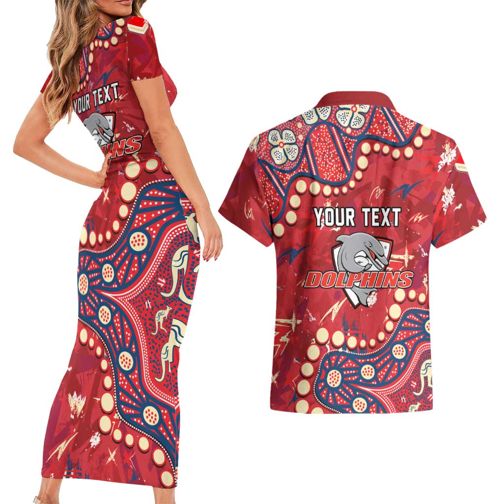 Personalized Dolphins Rugby Couples Matching Short Sleeve Bodycon Dress and Hawaiian Shirt Aboriginal Pattern with Graffiti Style Design