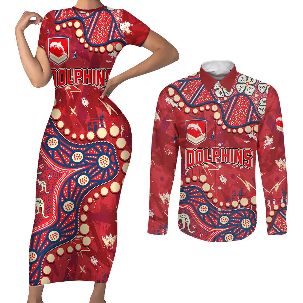 Personalized Dolphins Rugby Couples Matching Short Sleeve Bodycon Dress and Long Sleeve Button Shirt Aboriginal Pattern with Graffiti Style Design
