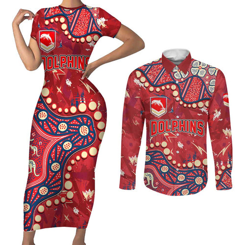 Personalized Dolphins Rugby Couples Matching Short Sleeve Bodycon Dress and Long Sleeve Button Shirt Aboriginal Pattern with Graffiti Style Design