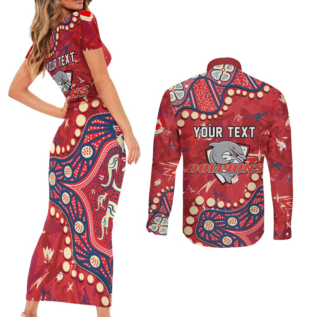 Personalized Dolphins Rugby Couples Matching Short Sleeve Bodycon Dress and Long Sleeve Button Shirt Aboriginal Pattern with Graffiti Style Design
