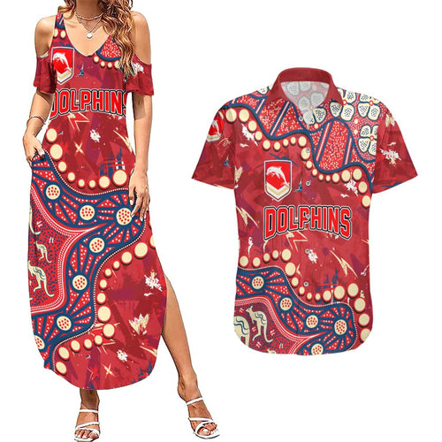 Personalized Dolphins Rugby Couples Matching Summer Maxi Dress and Hawaiian Shirt Aboriginal Pattern with Graffiti Style Design