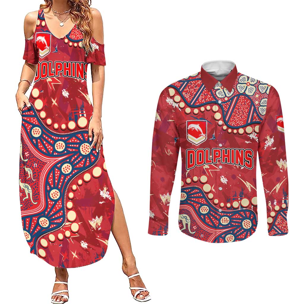 Personalized Dolphins Rugby Couples Matching Summer Maxi Dress and Long Sleeve Button Shirt Aboriginal Pattern with Graffiti Style Design