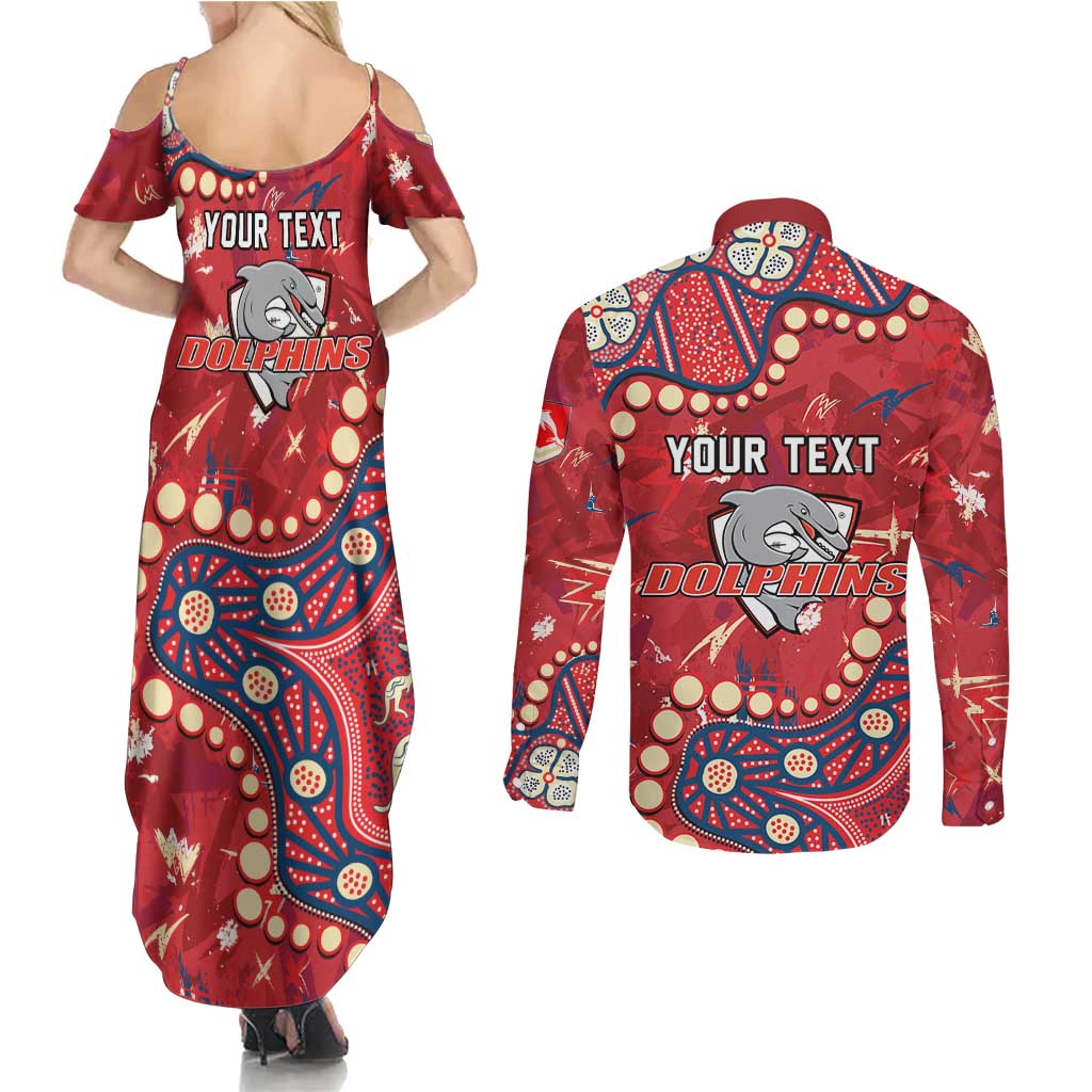 Personalized Dolphins Rugby Couples Matching Summer Maxi Dress and Long Sleeve Button Shirt Aboriginal Pattern with Graffiti Style Design