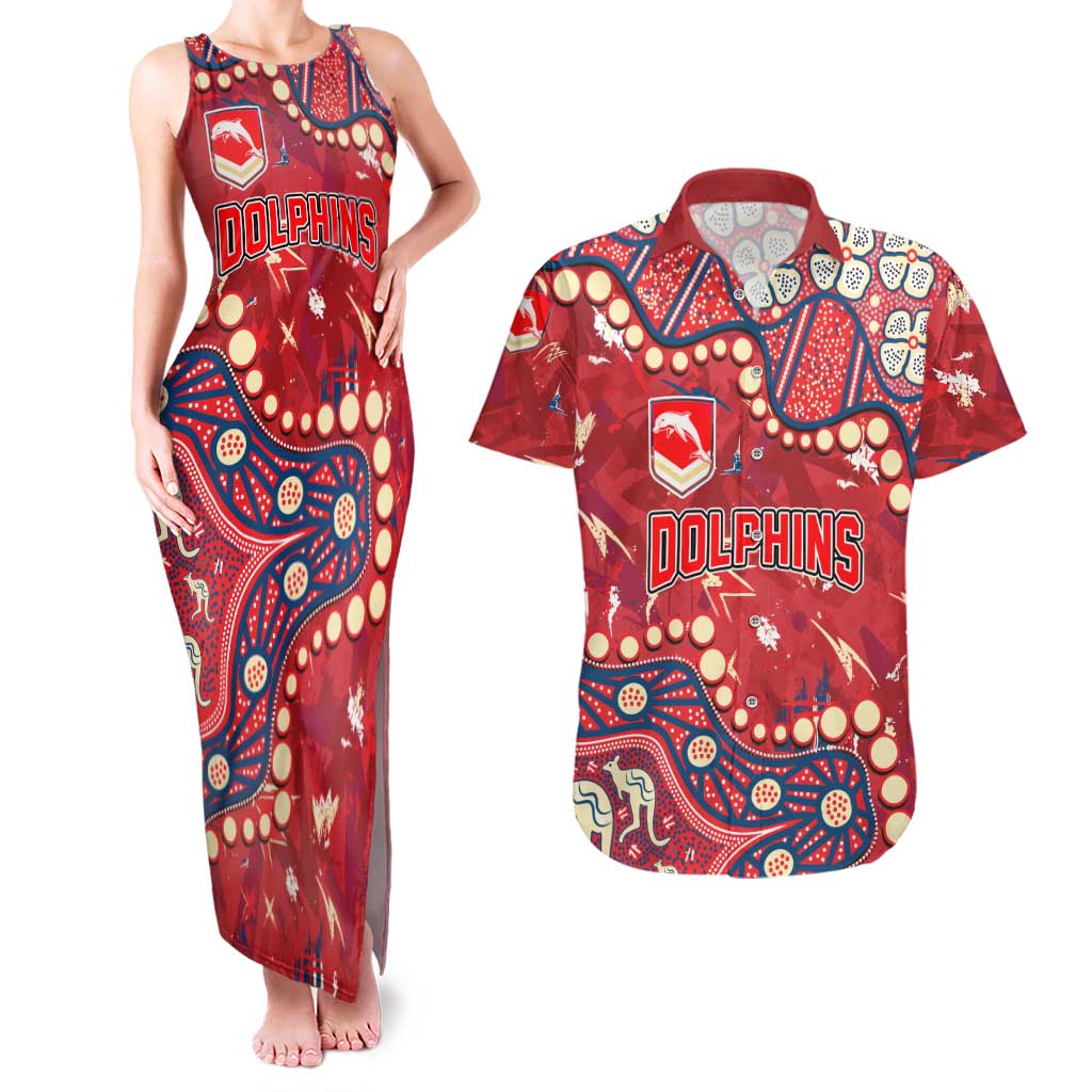 Personalized Dolphins Rugby Couples Matching Tank Maxi Dress and Hawaiian Shirt Aboriginal Pattern with Graffiti Style Design