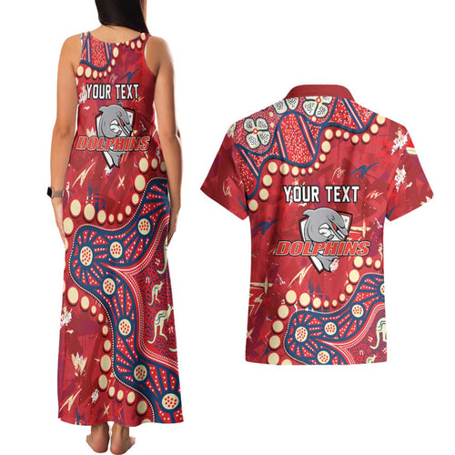Personalized Dolphins Rugby Couples Matching Tank Maxi Dress and Hawaiian Shirt Aboriginal Pattern with Graffiti Style Design