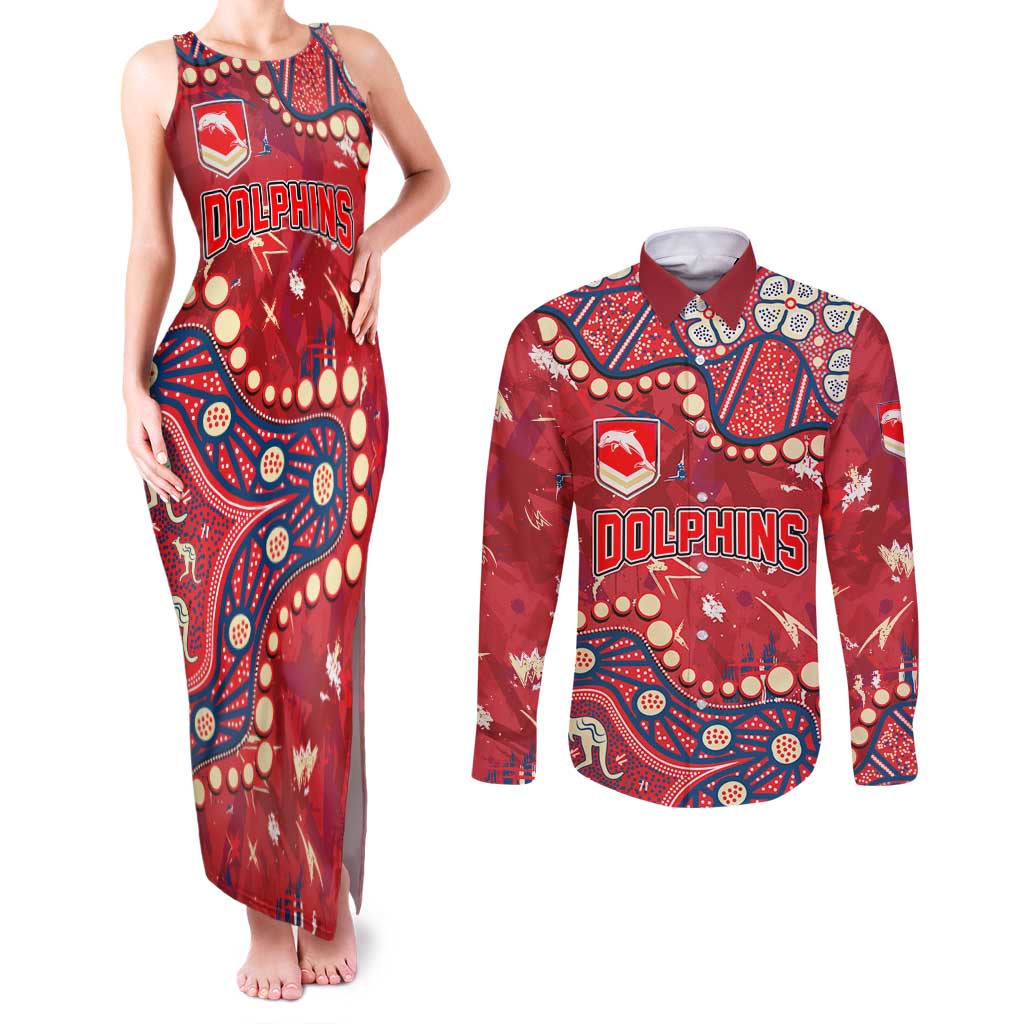 Personalized Dolphins Rugby Couples Matching Tank Maxi Dress and Long Sleeve Button Shirt Aboriginal Pattern with Graffiti Style Design