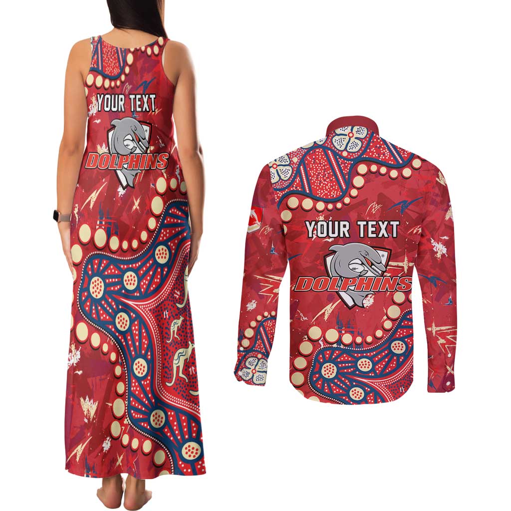 Personalized Dolphins Rugby Couples Matching Tank Maxi Dress and Long Sleeve Button Shirt Aboriginal Pattern with Graffiti Style Design
