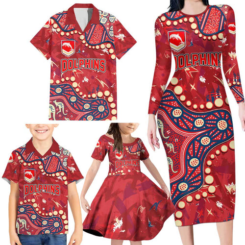 Personalized Dolphins Rugby Family Matching Long Sleeve Bodycon Dress and Hawaiian Shirt Aboriginal Pattern with Graffiti Style Design