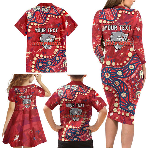 Personalized Dolphins Rugby Family Matching Long Sleeve Bodycon Dress and Hawaiian Shirt Aboriginal Pattern with Graffiti Style Design