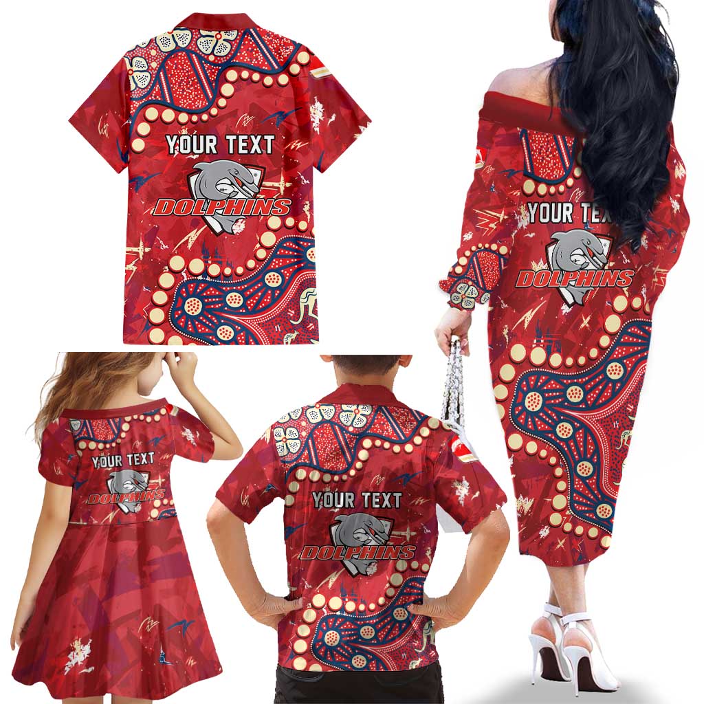 Personalized Dolphins Rugby Family Matching Off The Shoulder Long Sleeve Dress and Hawaiian Shirt Aboriginal Pattern with Graffiti Style Design