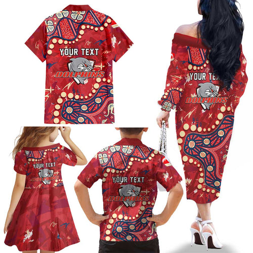 Personalized Dolphins Rugby Family Matching Off The Shoulder Long Sleeve Dress and Hawaiian Shirt Aboriginal Pattern with Graffiti Style Design