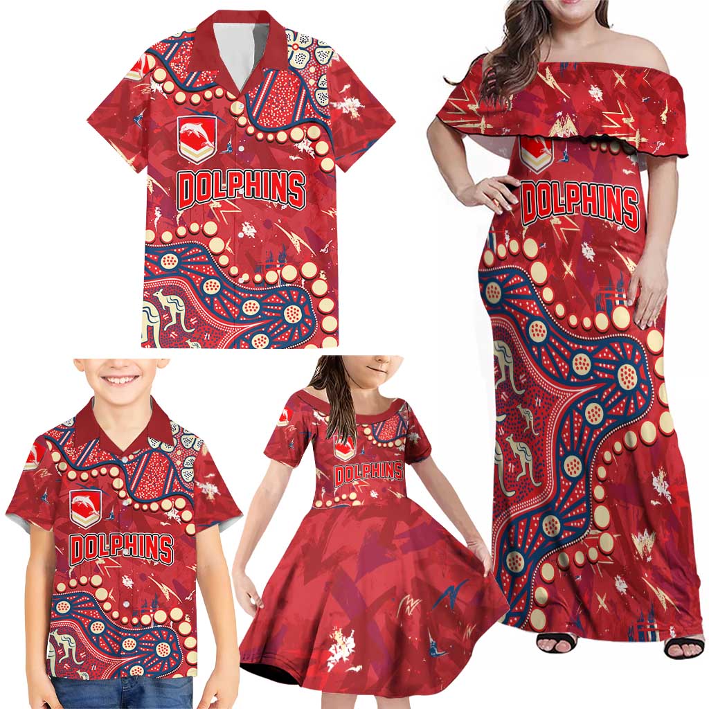 Personalized Dolphins Rugby Family Matching Off Shoulder Maxi Dress and Hawaiian Shirt Aboriginal Pattern with Graffiti Style Design