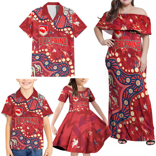 Personalized Dolphins Rugby Family Matching Off Shoulder Maxi Dress and Hawaiian Shirt Aboriginal Pattern with Graffiti Style Design