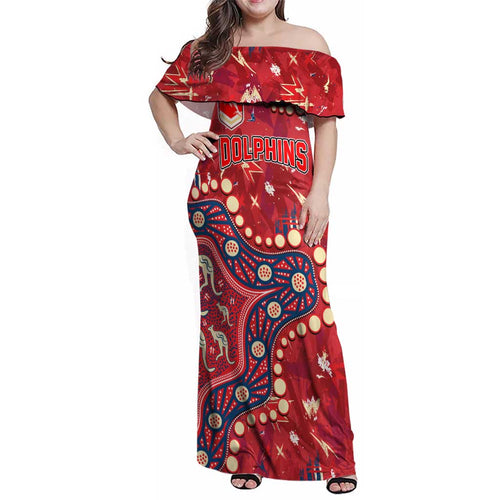 Personalized Dolphins Rugby Family Matching Off Shoulder Maxi Dress and Hawaiian Shirt Aboriginal Pattern with Graffiti Style Design