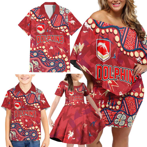 Personalized Dolphins Rugby Family Matching Off Shoulder Short Dress and Hawaiian Shirt Aboriginal Pattern with Graffiti Style Design