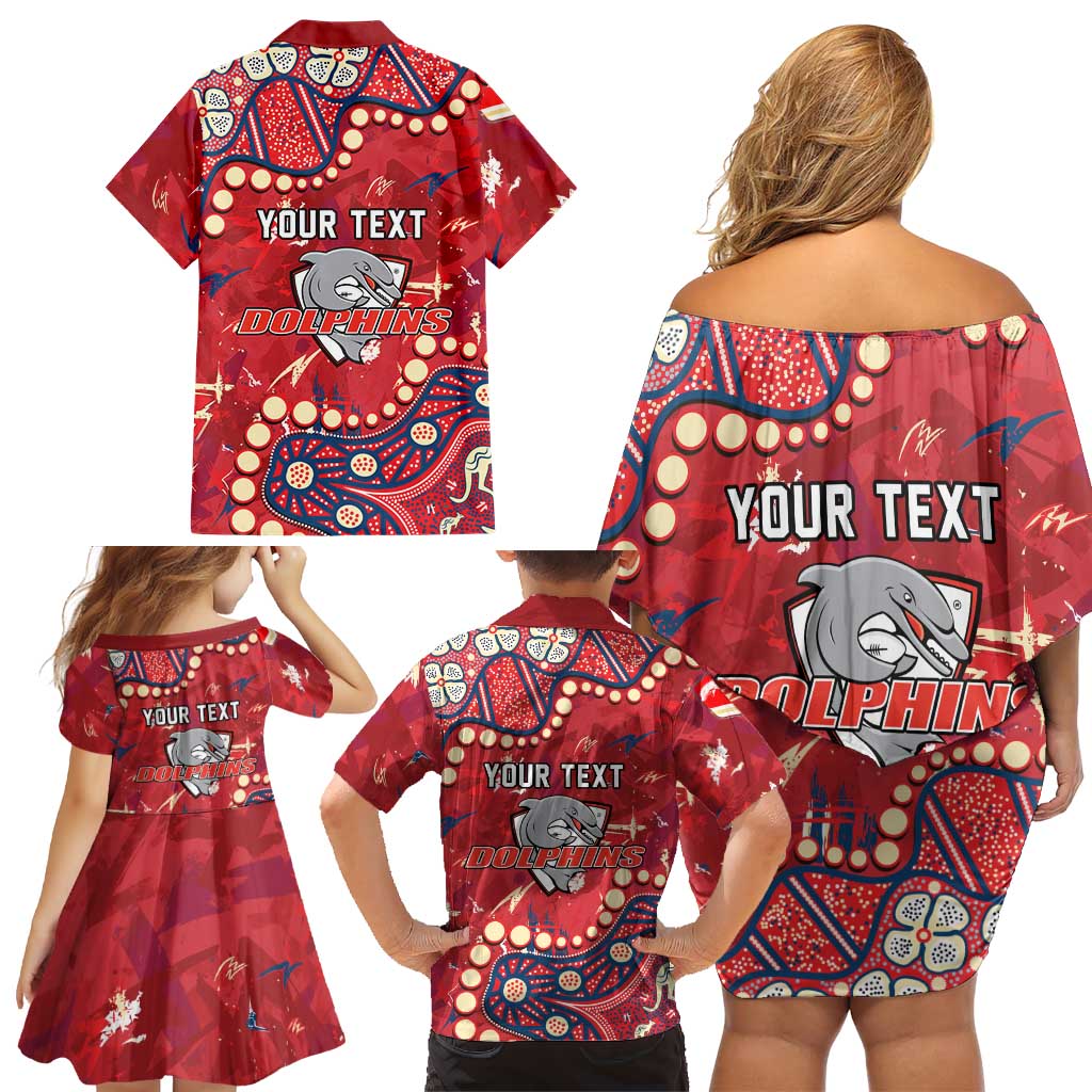 Personalized Dolphins Rugby Family Matching Off Shoulder Short Dress and Hawaiian Shirt Aboriginal Pattern with Graffiti Style Design