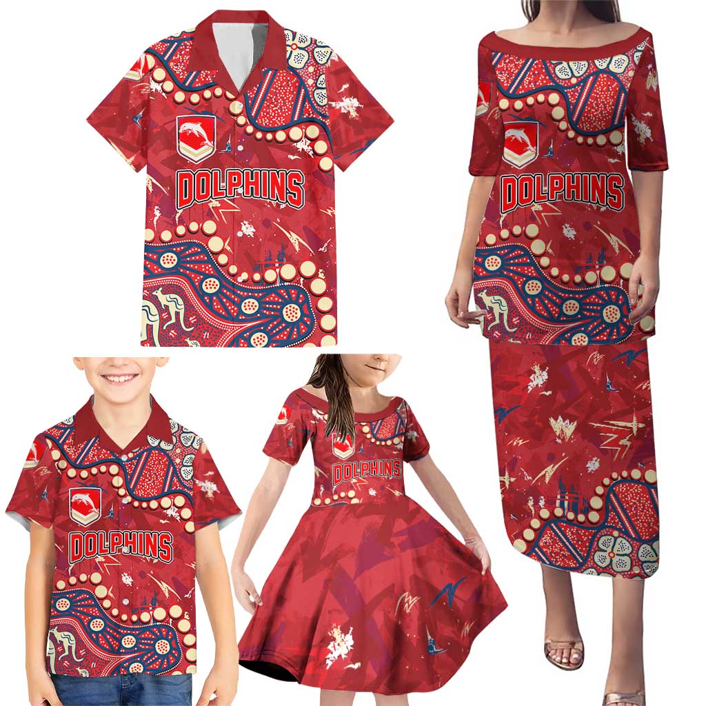 Personalized Dolphins Rugby Family Matching Puletasi and Hawaiian Shirt Aboriginal Pattern with Graffiti Style Design