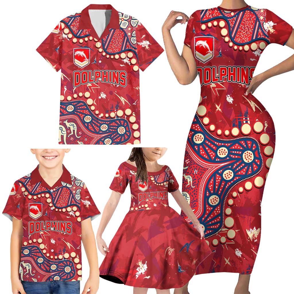 Personalized Dolphins Rugby Family Matching Short Sleeve Bodycon Dress and Hawaiian Shirt Aboriginal Pattern with Graffiti Style Design