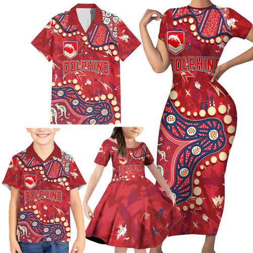 Personalized Dolphins Rugby Family Matching Short Sleeve Bodycon Dress and Hawaiian Shirt Aboriginal Pattern with Graffiti Style Design