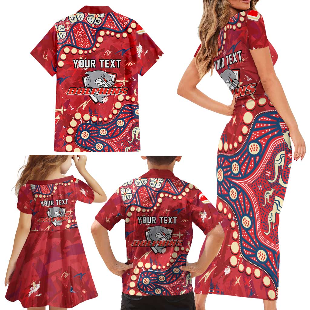 Personalized Dolphins Rugby Family Matching Short Sleeve Bodycon Dress and Hawaiian Shirt Aboriginal Pattern with Graffiti Style Design
